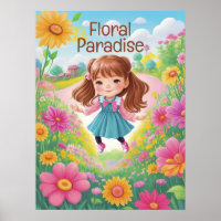 Cute Girl in Colorful Floral Garden AI Generative Poster