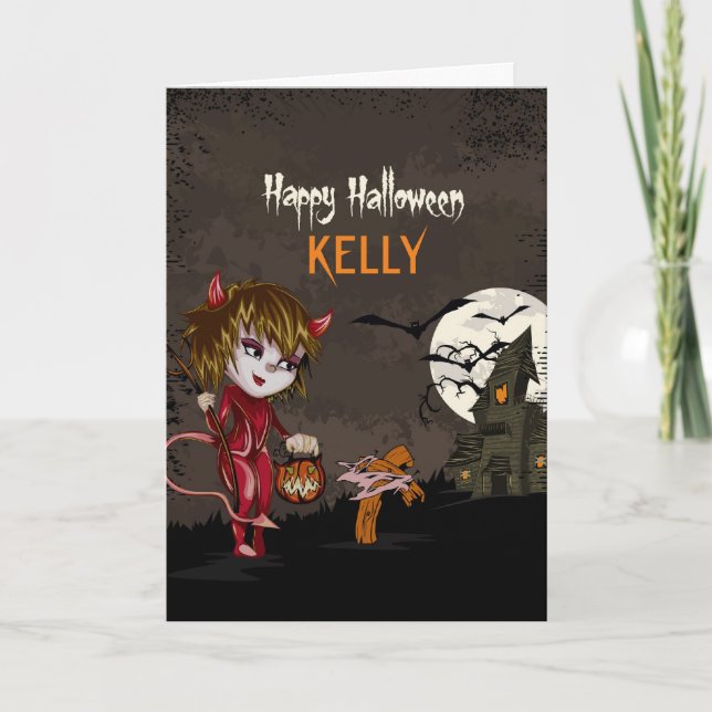 CUTE GIRL IN DEVIL COSTUME  CUSTOM HALLOWEEN CARD (Front)
