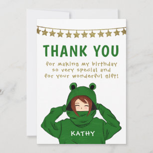 Cute Girl in Green Frog Hoody Stars Birthday  Thank You Card