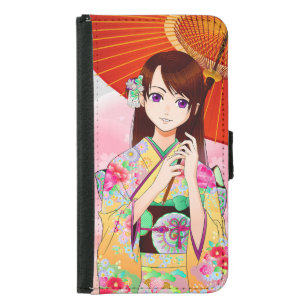 Cute Girl In Pink Floral Kimono With Red Umbrella Samsung Galaxy S5 Wallet Case