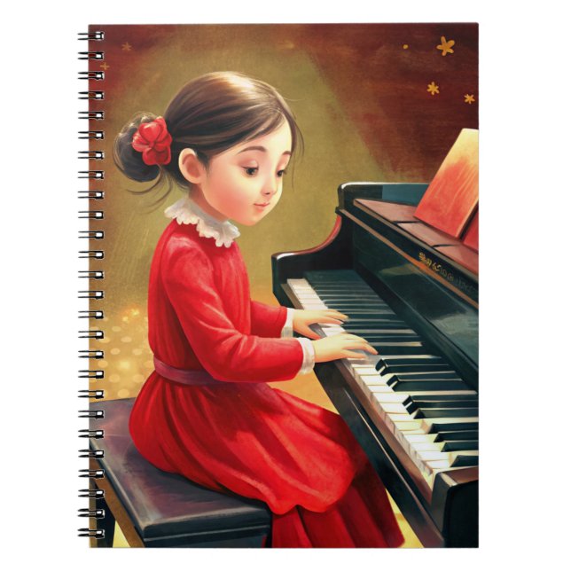 Cute girl in red dress playing piano notebook (Front)