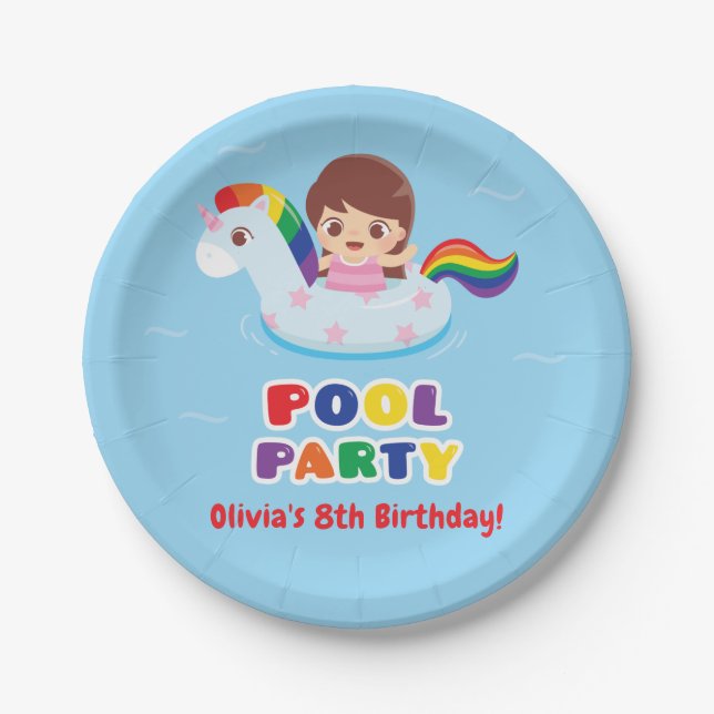 Cute Girl in Unicorn Float Kids Party Supplies Paper Plates (Front)