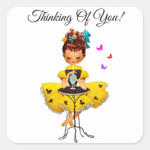 Cute Girl In Yellow Dress Thinking Of You Square Sticker
