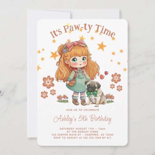 Cute Girl Its Pawty Time Birthday Invitation