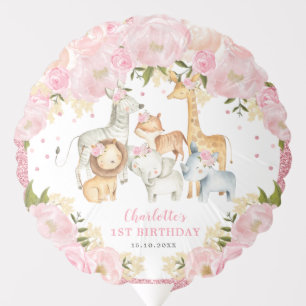 Cute Girl Jungle Safari Wild Baby Animals Birthday Balloon