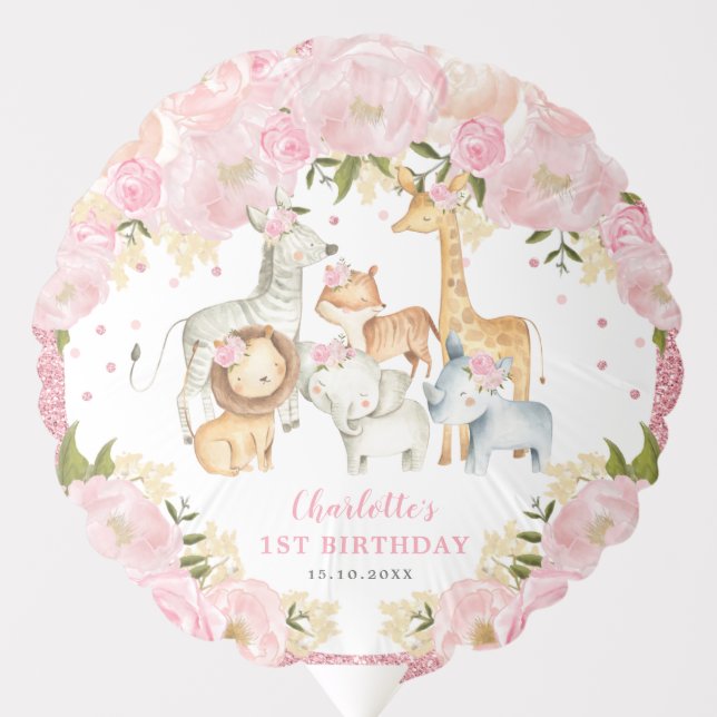 Cute Girl Jungle Safari Wild Baby Animals Birthday Balloon (Front)