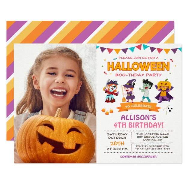 Cute Girl Kids Halloween Birthday Party Photo Card (front side)