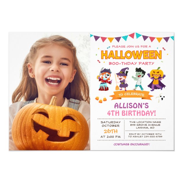 Cute Girl Kids Halloween Birthday Party Photo Card