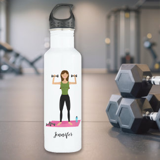 Cute Girl Lifting Weights &amp; Personalized Name Stainless Steel Water Bottle