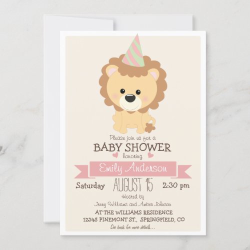 Cute Girl Lion Jungle Zoo Animal Baby Shower Invitation