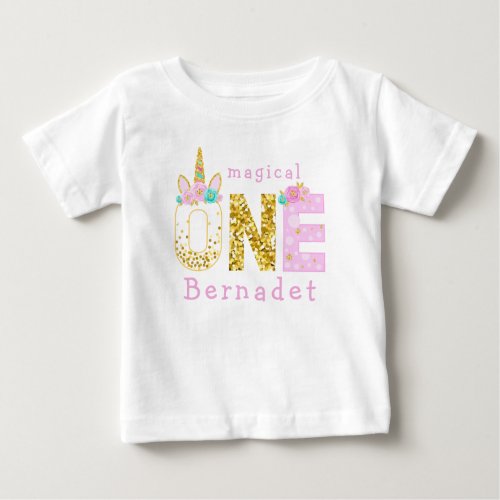 Cute Girl Magical Unicorn 1st Birthday Baby T_Shirt