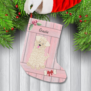 Cute Girl Maltipoo Pink Wooden Fence Monogram Small Christmas Stocking