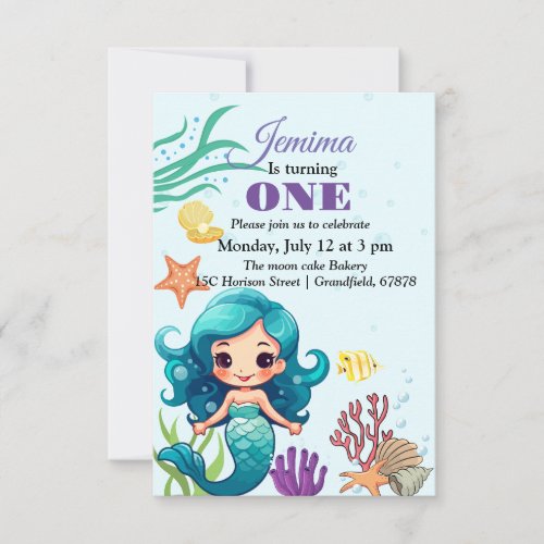 Cute Girl Mermaid Birthday Invitation