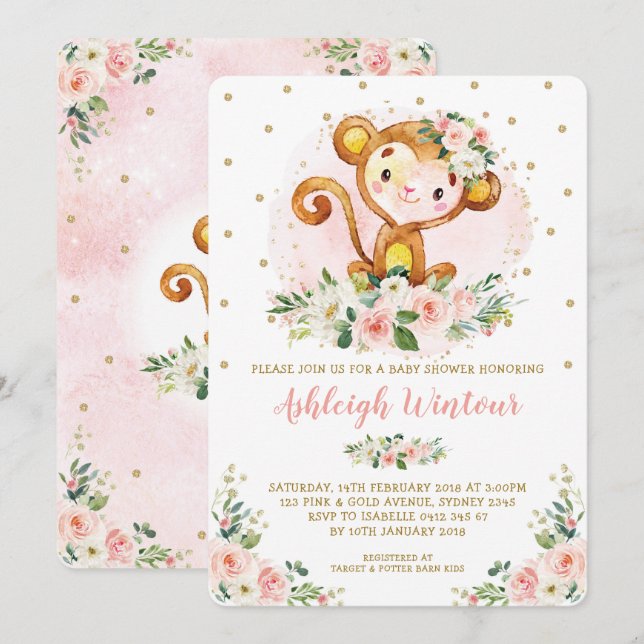 Cute Girl Monkey Baby Pink Gold Floral Baby Shower Invitation (Front/Back)