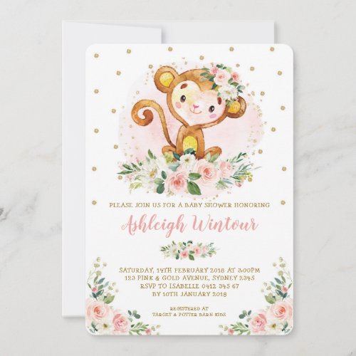 Cute Girl Monkey Baby Pink Gold Floral Baby Shower Invitation