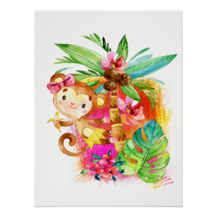 Cute Girl Monkey Climbing Tree Poster