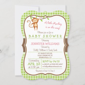 Cute Girl Monkey; Jungle Theme Baby Shower Invitation by Card_Stop at Zazzle
