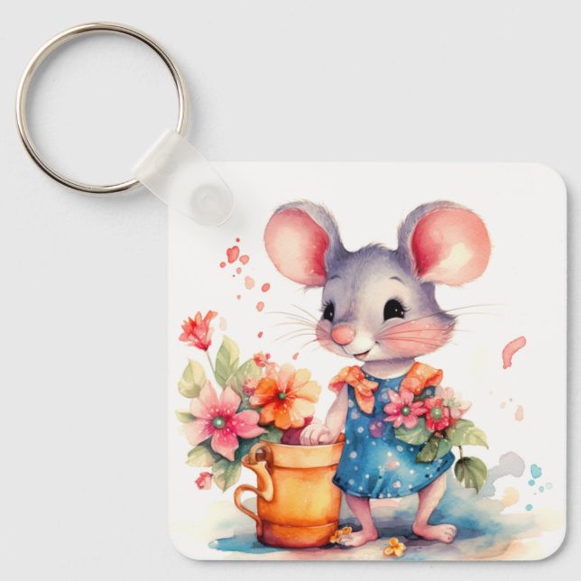CUTE GIRL MOUSE WITH COLORFUL FLOWERS MOTIVATIONAL KEYCHAIN (Front)