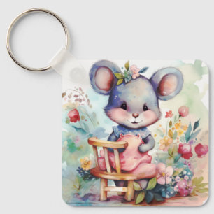 CUTE GIRL MOUSE WITH FLOWERS NURSERY MOTIVATONAL KEYCHAIN