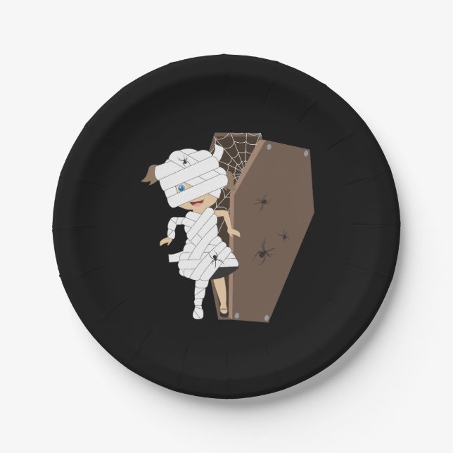 Cute Girl Mummy Coffin Halloween Design Paper Plates (Front)