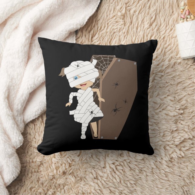 Cute Girl Mummy Coffin Halloween Design Throw Pillow (Blanket)