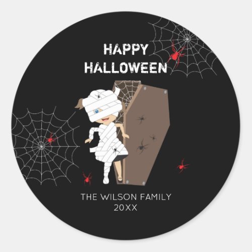 Cute Girl Mummy Coffin Halloween Family  Year  Classic Round Sticker