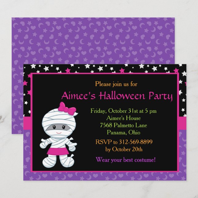 Cute Girl Mummy Halloween Party Invitation (Front/Back)