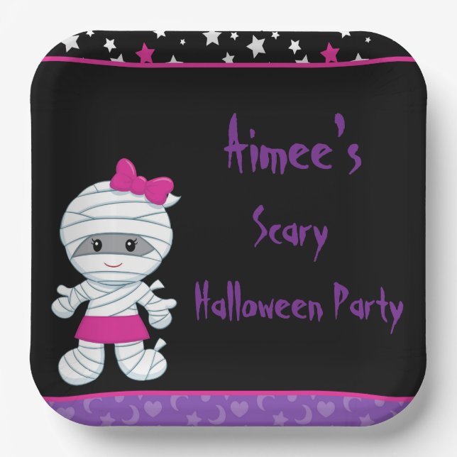 Cute Girl Mummy Halloween Party Paper Plates (Front)