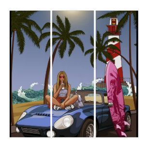 Cute Girl On A blue Car At The Beach Triptych