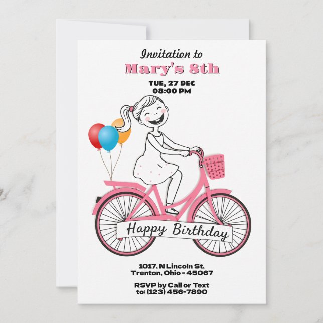 Cute Girl on Bicycle Happy Birthday Card (Front)