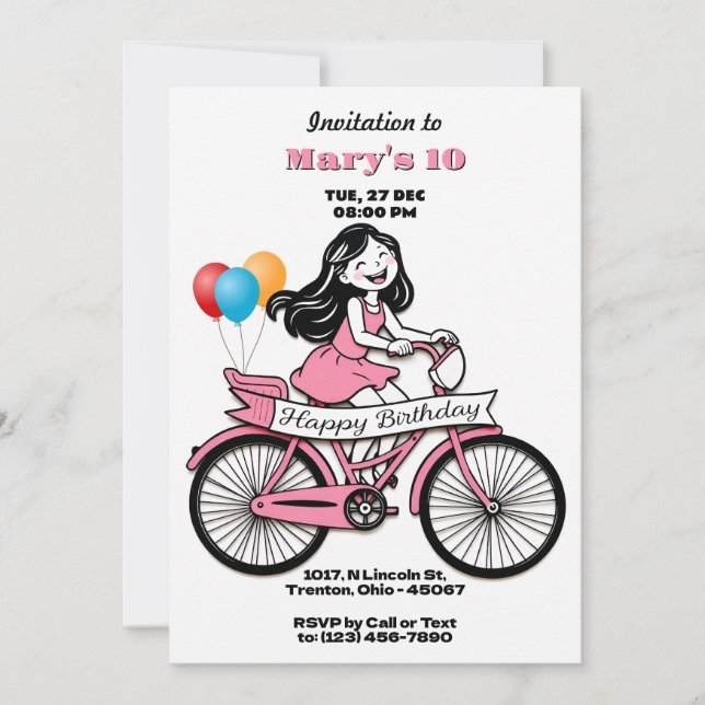 Cute Girl on Bicycle Happy Birthday Card (Front)