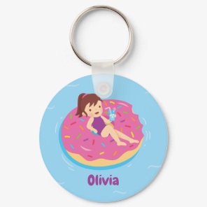 Cute Girl on Donut Pool Swim Float Keychain