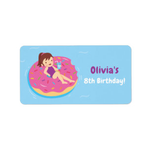 Cute Girl on Doughnut Float Birthday Party Labels
