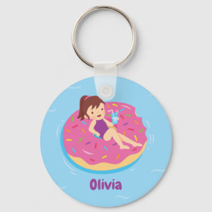 Cute Girl on Doughnut Pool Swim Float Keychain