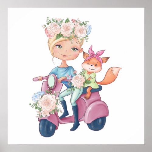 Cute Girl on Motor Scooter with Little Fox Poster