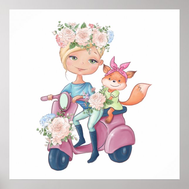 Cute Girl on Motor Scooter with Little Fox Poster (Front)
