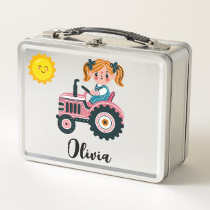 Cute Girl on Pink Tractor Personalized Metal Lunch Box