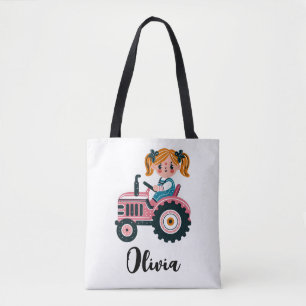 Cute Girl on Pink Tractor Personalized Tote Bag