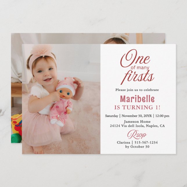 Cute Girl One of many Firsts 2 Photo 1st Birthday  Invitation (Front/Back)