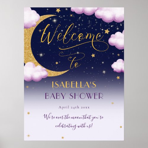 Cute Girl Over the Moon Baby Shower Welcome Poster