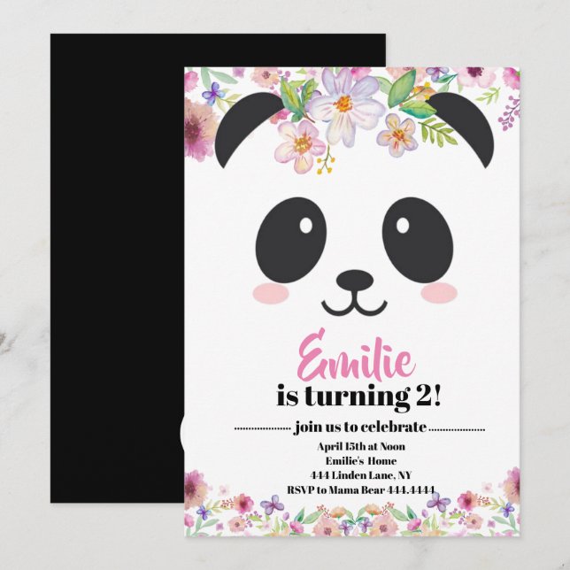 Cute Girl Panda Bear Birthday Invitation (Front/Back)