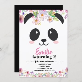 Cute Girl Panda Bear Birthday Invitation by ThreeFoursDesign at Zazzle