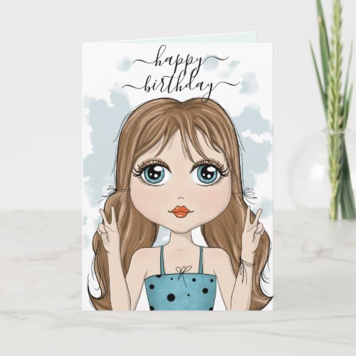 Cute Girl Peace Graphic Happy Birthday Card