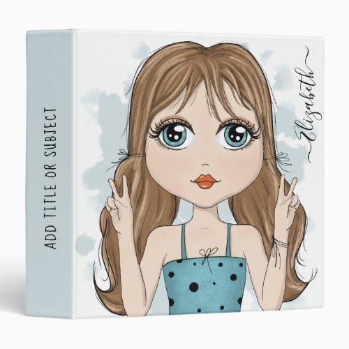 Cute Girl Peace Graphic Illustration Custom Text 3 Ring Binder