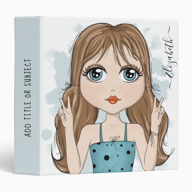 Cute Girl Peace Graphic Illustration Custom Text 3 Ring Binder (Front/Spine)