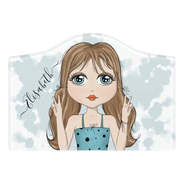 Cute Girl Peace Graphic Illustration Personalized Door Sign (Small Crest Front)