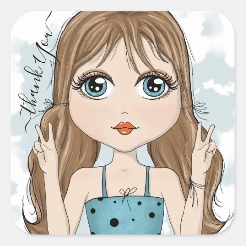Cute Girl Peace Graphic Illustration  thank you Square Sticker