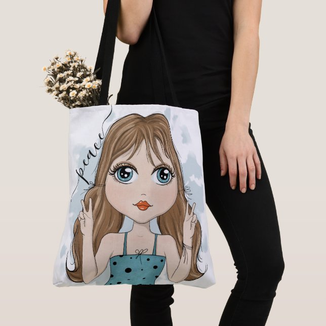 Cute Girl Peace Graphic Illustration Tote Bag (Close Up)