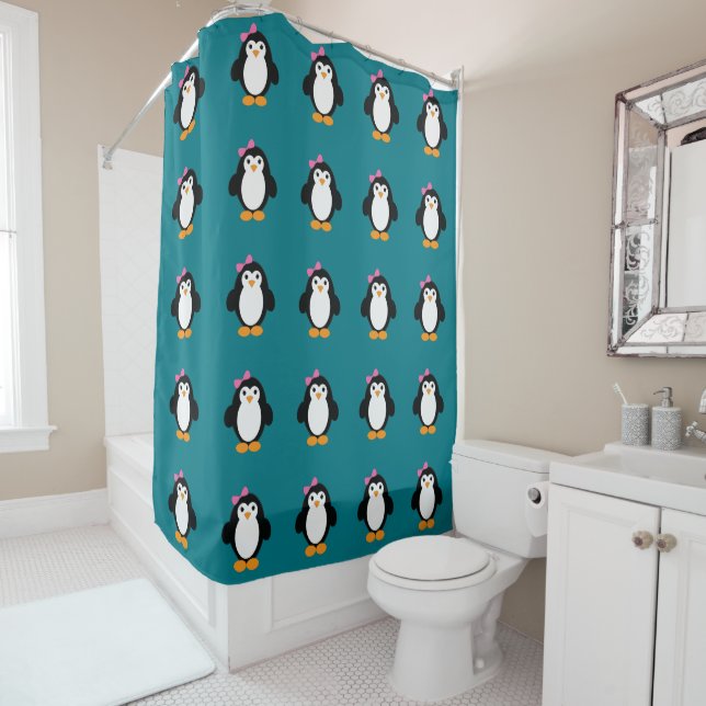 Cute Girl Penguin Shower Curtain (In Situ)