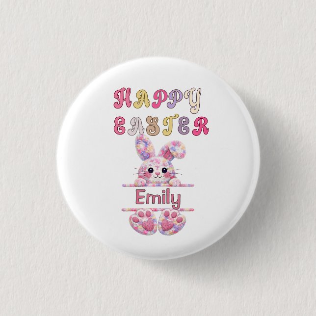 Cute Girl Personalize Happy Easter Bunny Button (Front)
